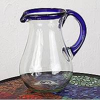 Artisan Crafted Pitcher Classic Mexican Handblown Glass, "Blue Grace"