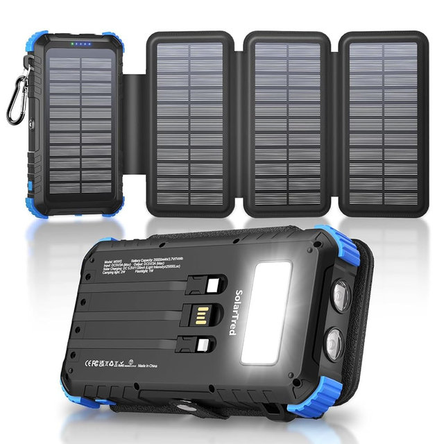 Solar Power Bank 20000mAh with 4 Panels, Portable Solar Charger with Build-in 3 Cables for iPhone, USB C in/Output 15W Fast Charging External Battery Pack with Flashlight & Camping Light