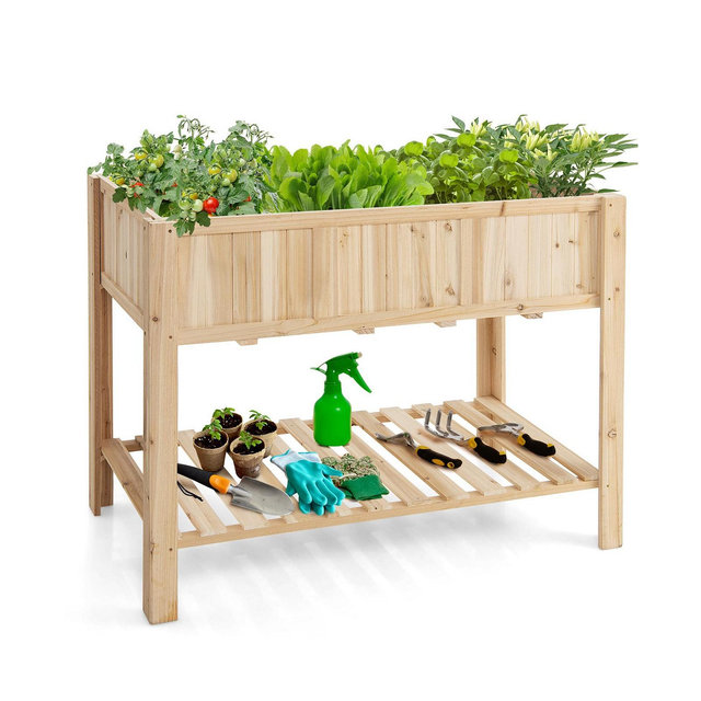 47 Inch Wooden Raised Garden Bed with Bottom Shelf and Bed Liner