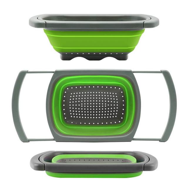 Qimh Colander collapsible, Colander Strainer Over The Sink Vegetable/Fruit Colanders Strainers With Extendable Handles, Folding Strainer for Kitchen,6 Quart (Green)
