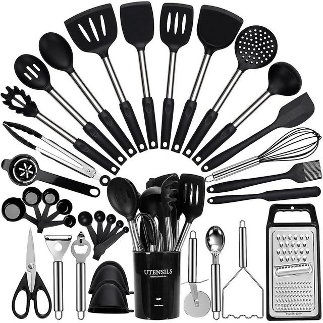 Large Cooking Utensils Set, 35 Pcs Spatula Set with Holder, Silicone Kitchen Utensils Set with Stainless Steel Handle, Cheese Grater, Scissors, Ice Cream Scoop, Pizza Cutter Kitchen Gadgets (Black)