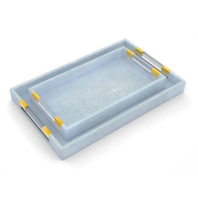 Sophinique Large Ottoman Tray (2Pcs), Wooden Trays with Acrylic Handles for Cosmetics, Watches, Mobiles, Serving Tray in Shagreen Vegan Leather for Food & Drinking, Decorative Tray for Home (Blue)