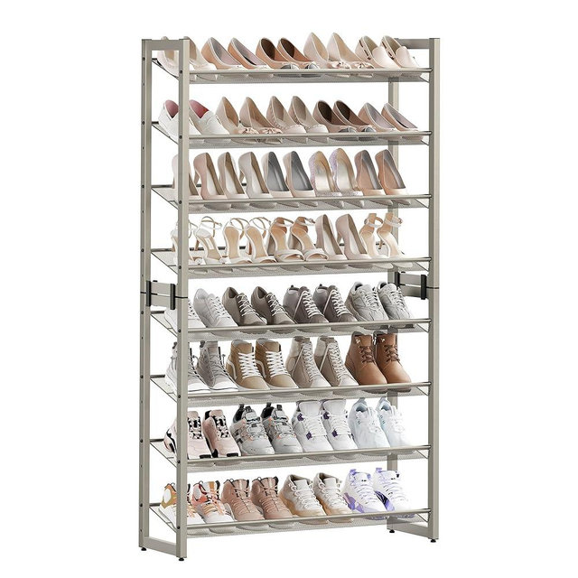 SONGMICS Shoe Rack, 8-Tier Shoe Organizer, Metal Shoe Storage for Garage, Set of 2, 4-Tier Stackable Shoe Shelf, with Adjustable Flat or Angled Shelves, 32-40 Pairs, Cappuccino Beige ULMR008L01