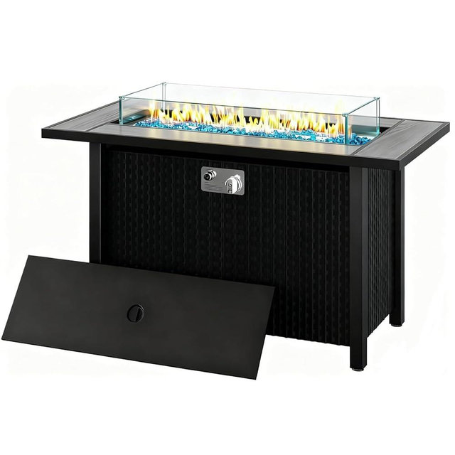 45 Inch Propane Fire Pit Table, 50,000 BTU Outdoor Gas Fire Pit for Patio & Backyard, 2-in-1 Firepit Dining Table with Glass Wind Guard, Blue Glass Rocks & Waterproof Cover, Grey