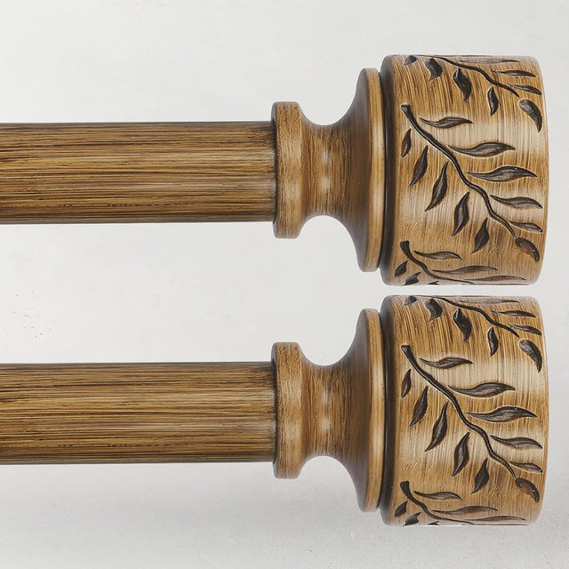 2 Pack Boho Wood Curtain Rods for Windows 66 to 120, 1 Inch Adjustable Heavy Duty Curtain Rod with Imitation Wooden Grain Leaf Pattern Finials, Rustic Decorative Drapery Rods, Size 32"-120", Dark Wood