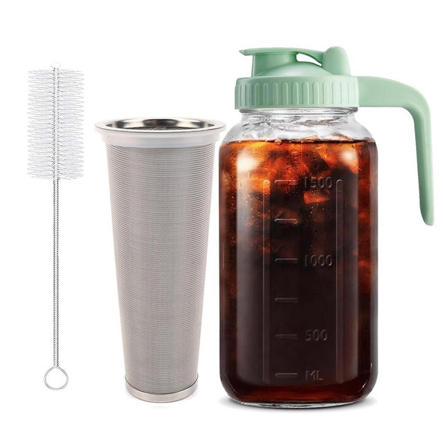 Fermus Cold Brew Coffee Maker, 64oz / 2Quart Glass Pitcher with Stainless Steel Filter and Pour Spout Handle Lid, Mason Jar for Making Cold Coffee, Fruit Drinks, Sun Tea (1, 64 Ounces)