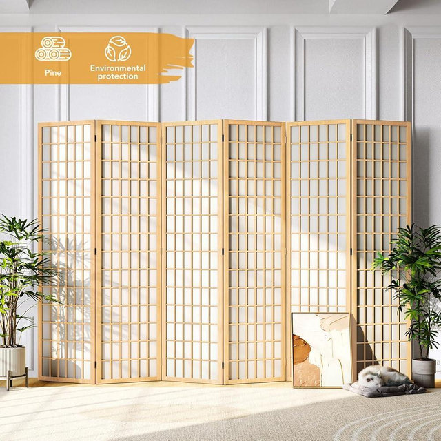 JOSTYLE Room Divider Wall Shoji Screen, 6 Panel Folding Privacy Screen for Room Separation, Japanese Wood Room Divider Screen, 5.9 Ft, Natural