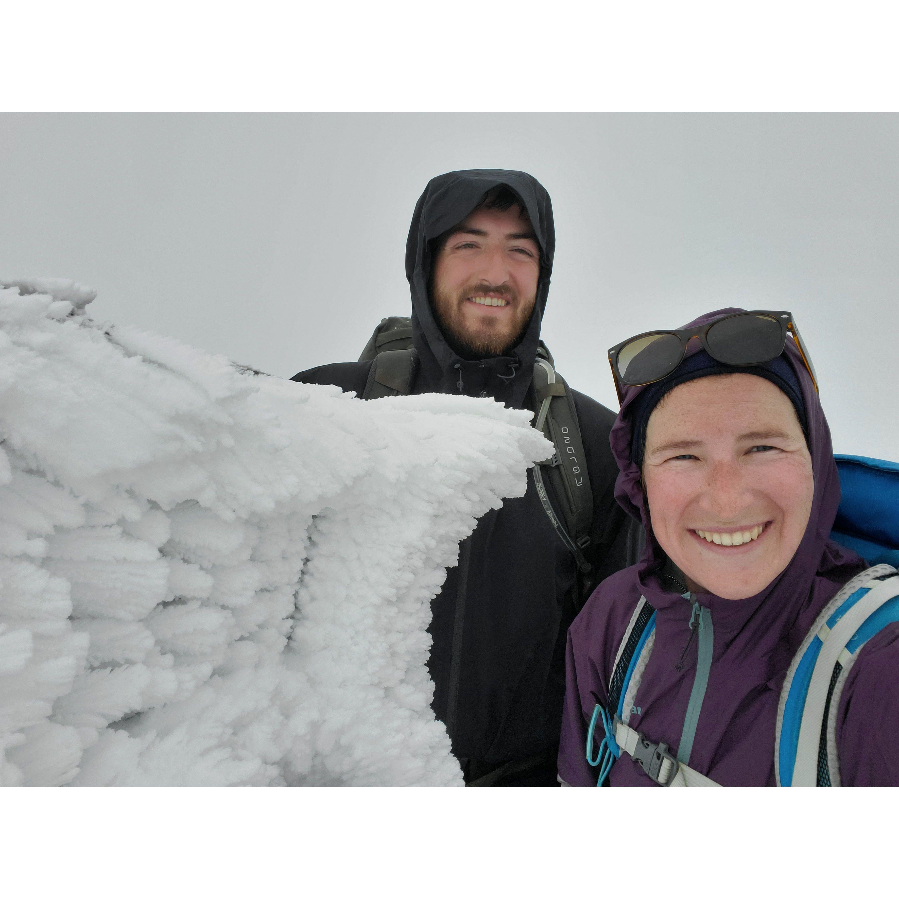 Our second attempt at Mt. Lafayette, NH. Not quite white out conditions, but everything was frozen and the summit was in the clouds.