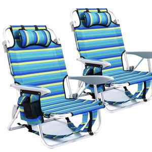 2 Pack Lightweight Portable Camping Beach Chair for Adults, Outdoor Lay Flat Folding Beach Chairs with 5 Positions, Backpack Beach Chair with Towel Bar, Zipper Pouch, Cup Holder, Ocean Striped