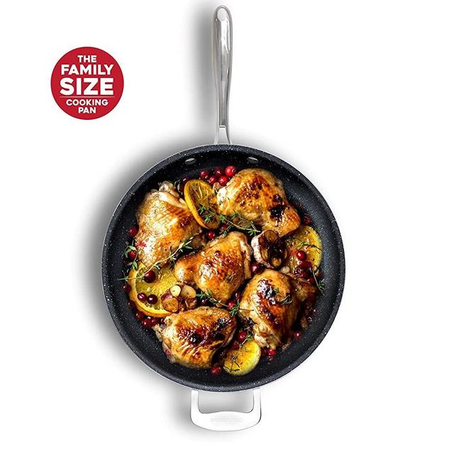 Granite Stone 14” Nonstick Frying Pan with Ultra Durable Mineral and Diamond Triple Coated Surface, Family Sized Open Skillet with Stainless Steel Stay Cool & Helper Handle, Oven and Dishwasher Safe