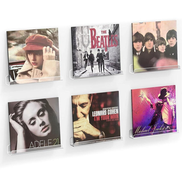 Meaocer Vinyl Record Shelf Wall Mount, 6 Pack 12 inch Clear Acrylic Album Record Holder Display, Kids Bookshelf, Floating Wall Shelves for Bathroom, Bedroom, Living Room, Kitchen