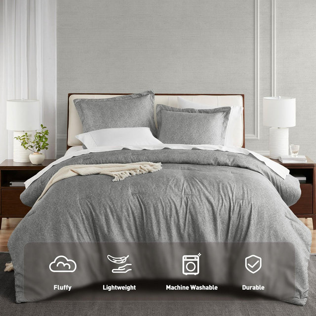 3Pcs Mini Comforter set Farmhouse Bedding Comforter for All Seasons Boho Bedding Set, Lightweight Solid Bed Comforter Sets,Grey,