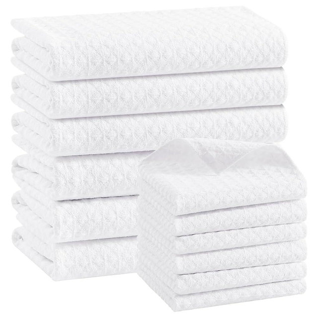 Homaxy Microfiber Waffle Weave Kitchen Towels Set, 16 x 28 Inch and 12 x 12 Inch Ultra Absorbent and Solid Color Dish Towels, 12 Pack, White