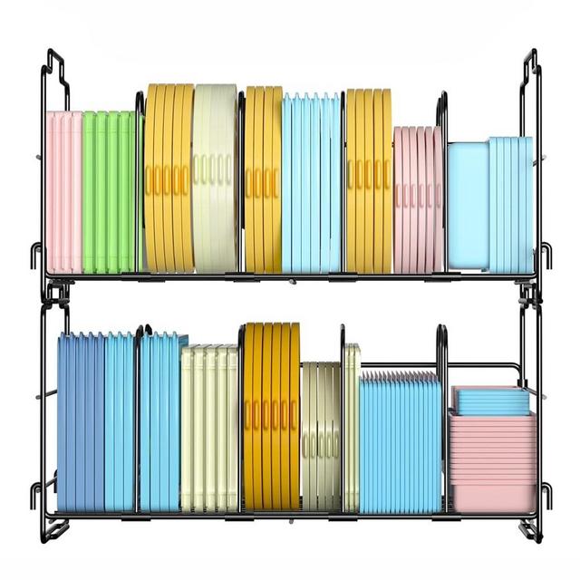 Set of 2 Stackable Food Container Lid Organizer, Adjustable Metal Lid Storage Shelf for Kitchen, 4 Dividers Detachable Lid Organiser Rack for Cabinets, Cupboards, Pantry Shelves, Drawers, Black