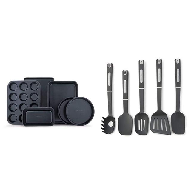Calphalon Nonstick Bakeware, 6 Piece, Black & 5-Piece Nylon Kitchen Cooking Utensil Set