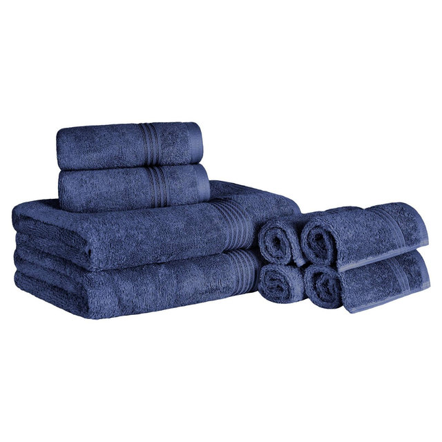 Premium Cotton Absorbent Luxury Weight 8 Piece Towel Set, Navy Blue - Blue Nile Mills