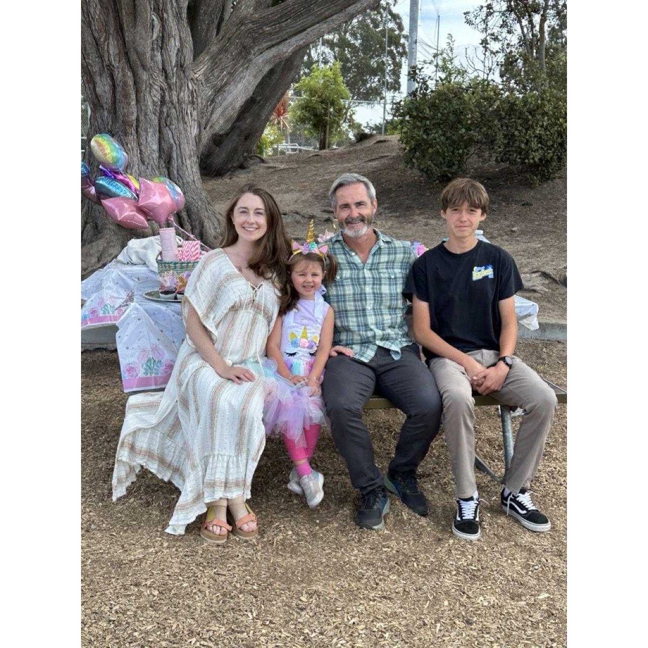 Family pic at Lillian's 5th bday unicorn party that we threw at a local playground