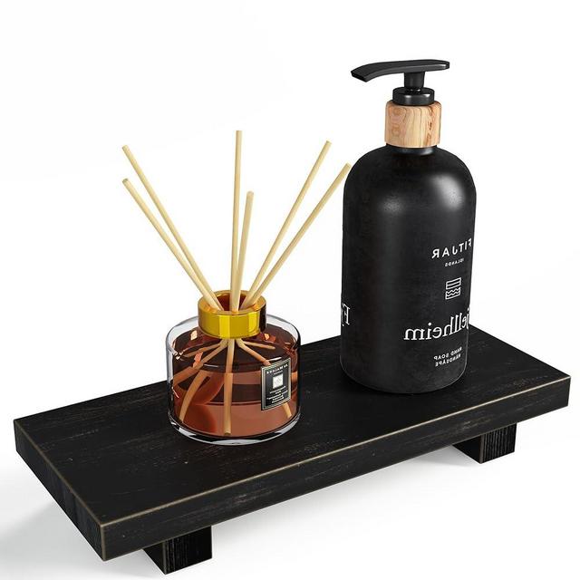 Wood Pedestal Stand Risers for Decor, 8.7'' x 3.5'' Small Farmhouse Wooden Riser Soap Stand for Table Countertop Sink Kitchen Decor, Footed Tray for Candle Bathroom Counter Decor, Black Brushed Gold