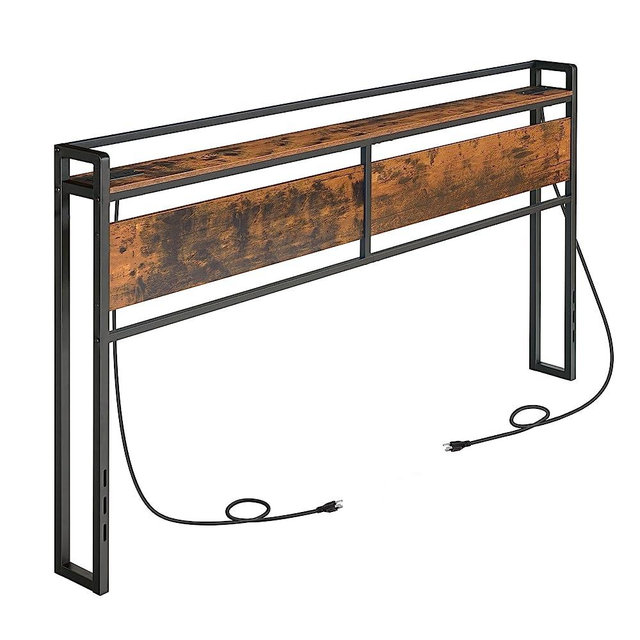HOOBRO King Size Headboard, Headboard with 2 Outlets and 4 USB Ports, Adjustable Height, Storage Rack, Sturdy and Stable, Easy Assembly, Rustic Brown and Black BF98UBH01