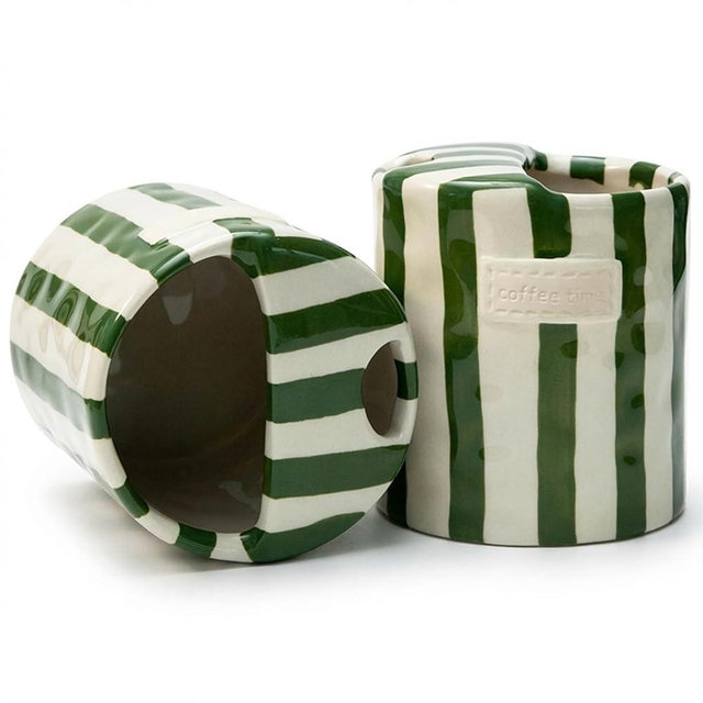 KOIMYSA Ceramic Coffee Mug with Lid, Ceramic Travel Mug with Straw Hole, 12oz Retro Striped To Go Coffee Mug for Hot & Cold Drinks, Microwave & Dishwasher Safe， Green