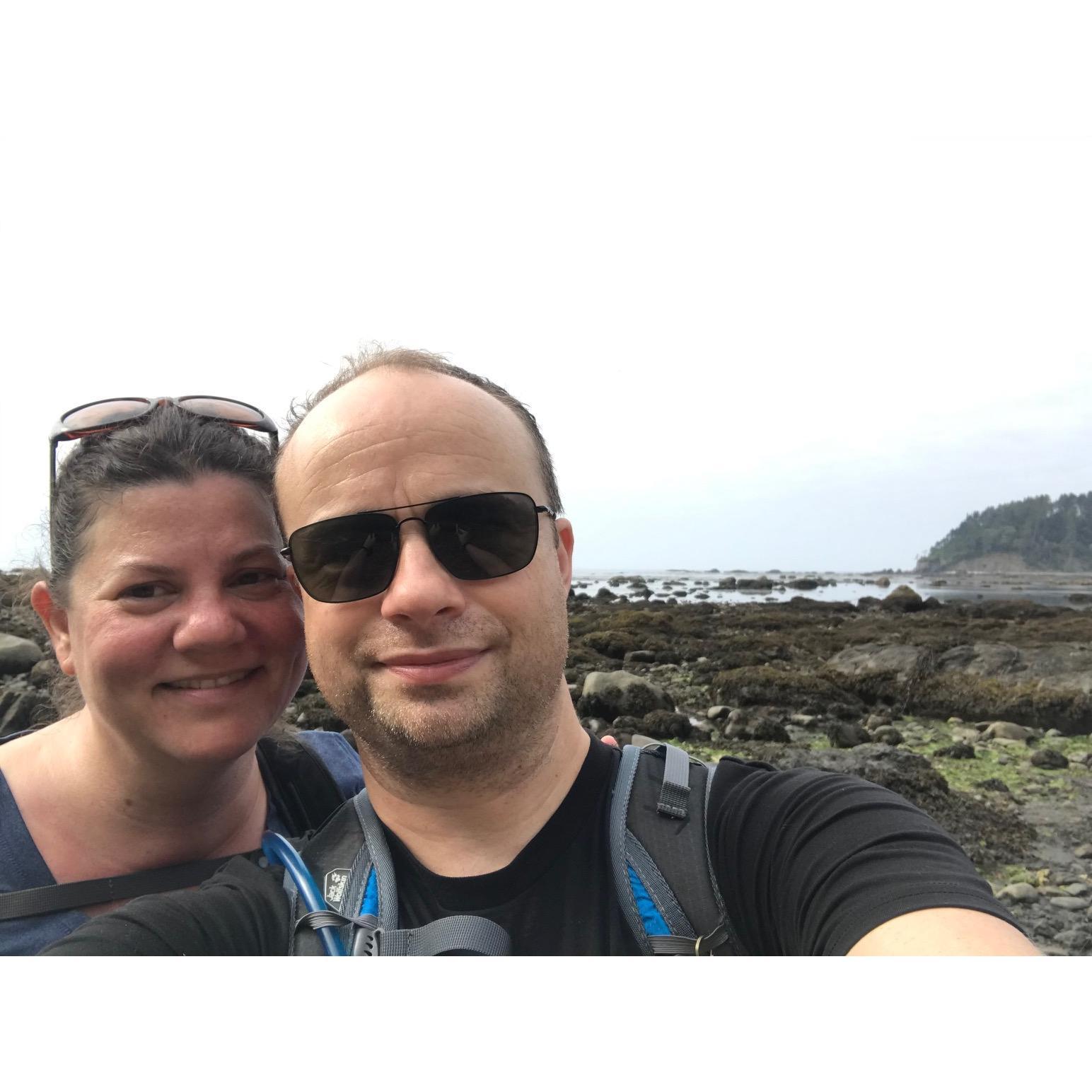 Lisa and Jon hiking the Ozette Triangle on the Washington Coast.