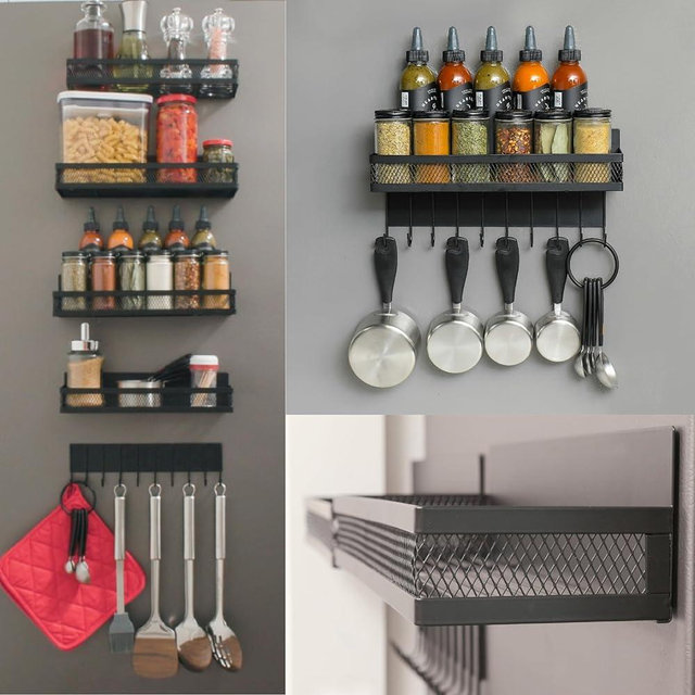 Houseify SPICE FLOAT Magnetic Spice Organizer Racks - 4 Premium Metal Racks + 1 Hanging Hook Bar Kitchen Shelf - Seasoning Organizer For Kitchen Appliances (3.94" x 12.2" x 3.15")