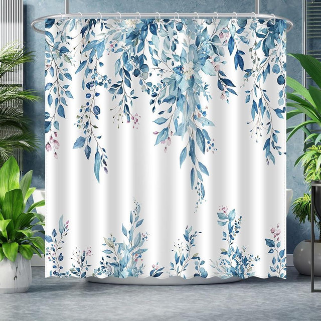 ACZHHZC Eucalyptus Leaves Shower Curtain, Aesthetic Art Watercolor Plant Floral Leaf Bathroom Decor, Waterproof Fabric Cloth Bath Curtain Set with Hooks (Blue, 72x72 Inches)