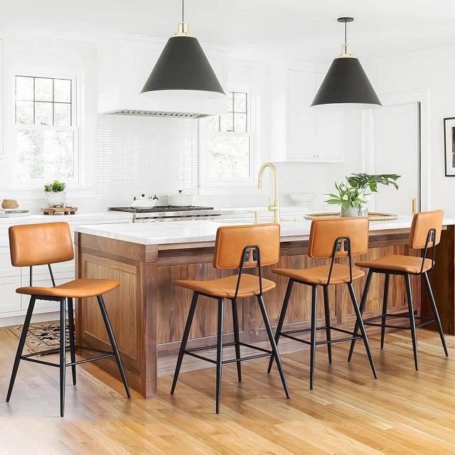 Cozyman 24.5" Whiskey Brown Bar Stools Set of 4, Faux Leather Upholstered Counter Height Bar Stools with Backs, Metal Footrest and Legs, Armless Bar Chairs for Kitchen Island, Bar, Living Room