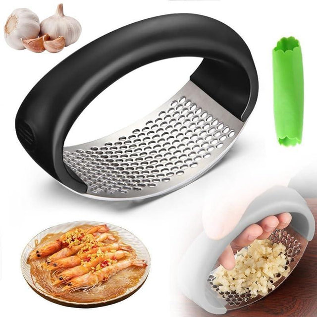 Garlic Press Rocker 2026 New,Portable Manual Stainless Steel Garlic Press Rocker Crusher Masher with Garlic Peeling Drum for Home Kitchen Utensils Garlic Crusher (1)