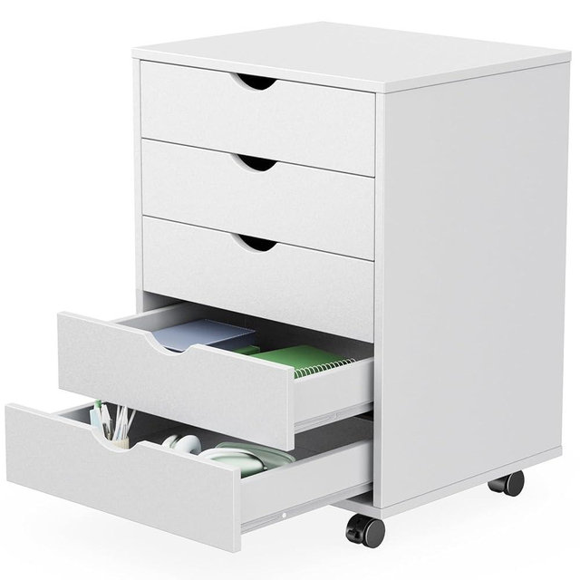 Sweetcrispy 5 Drawer Chest Mobile Storage Cabinets Small Wooden Dresser with Wheels Room Organization Furniture for Office Home, White Wood