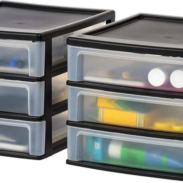 IRIS USA Plastic Stacking Desk Top 3-Drawer Storage Organizer, 2-Pack, for Makep Vanity Nail Polish Bathroom Stationery Art Craft Supplies Kitchen Office Garage and Small Organization, Medium, Black