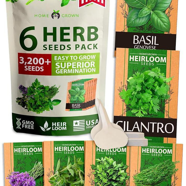HOME GROWN 6 Herb Seeds Variety Pack – Plant an Indoor or Outdoor Herb Garden: Basil, Lavender, Cilantro, Parsley, Thyme and Oregano Seeds – 3200+ Non-GMO Heirloom Herb Seeds – Bonus Markers