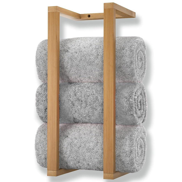 Aura Nest Bamboo Towel Racks - Vertical Wood Towel Rack Bamboo Bathroom Accessories, Storage, Wall Towel Rack for Rolled Towels for Bathroom Furniture, Spa Furniture and Decor (Natural, Medium)