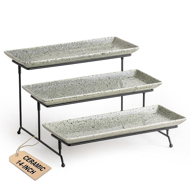 LAUCHUH 3 Tier Serving Trays for Party, 14 inch Dessert Party Display Stand Serving Platters and Trays with Collapsible Sturdier Rack for Mother's Day Serving Food, Speckled Gray