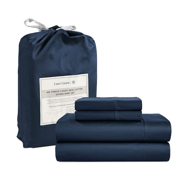 LANE LINEN King Size Sheets Set - 4 Pc King Sheets Set, 450 Thread Count 100% Cotton Sheets for King Size Bed, Cooling Sheets, Breathable Bed Sheets King Size, King Sheets Deep Pocket - Estate Blue