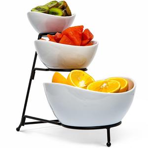 Chef's Medal - Food Serving Bowl Set: 3 Tier Metal Display Stand with 3 White Stoneware Bowls | Dessert and Snack Server by Chef’s Medal