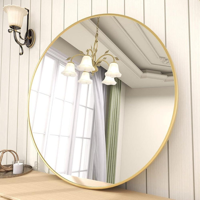 BEAUTYPEAK 28 Inch Round Mirror, Metal Frame Circle Mirror, Wall Mounted for Entryway, Bathroom, Vanity, Living Room, Gold