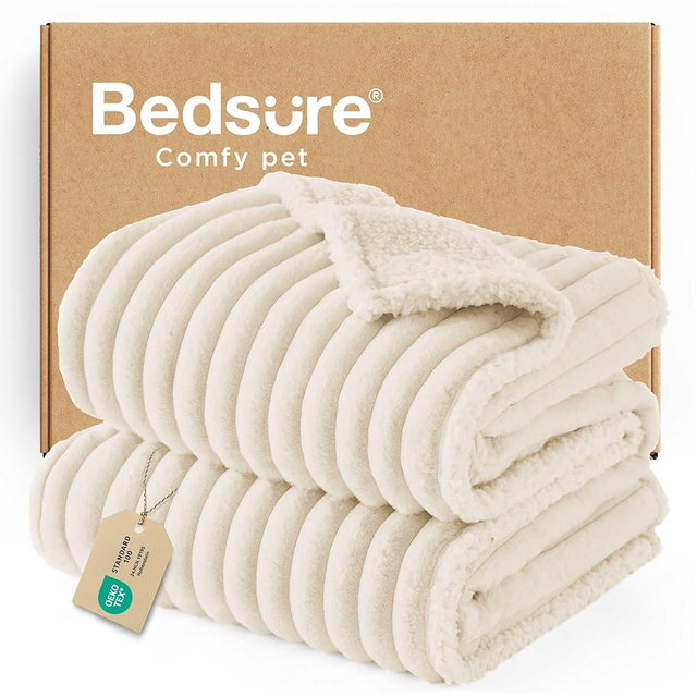 Bedsure ComfyFleece™ Waterproof Dog Blankets for Large Dogs - Soft Pet Cat Blanket Corduroy Fleece for Bed Protector Washable, Cozy Calming Reversible Furniture Protection,60"x80", Cream