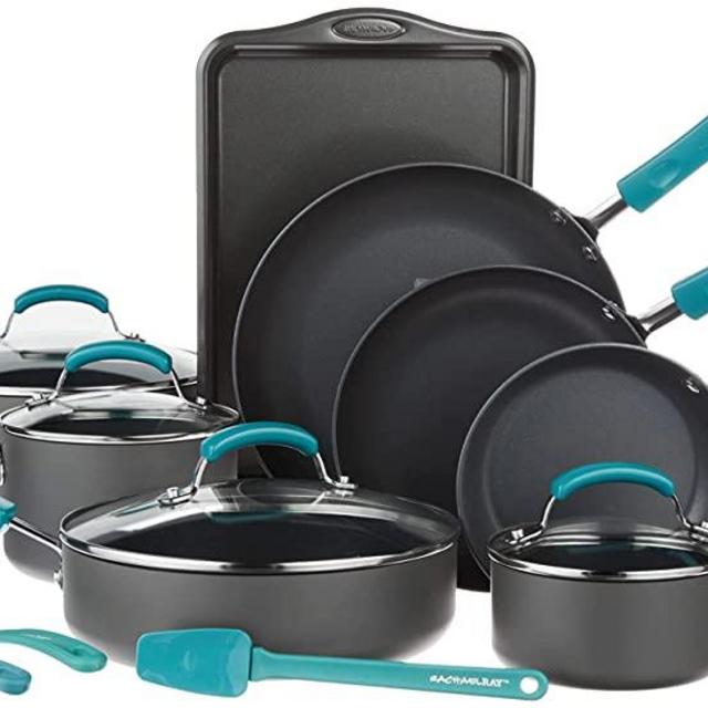 Rachael Ray Classic Brights Hard Anodized Nonstick Cookware Pots and Pans Set, 15 Piece - Agave Blue