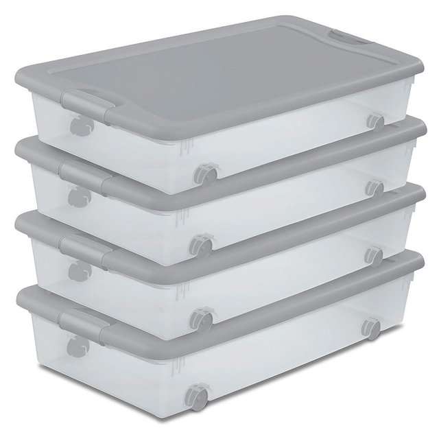 Sterilite 4 Pack Wheeled Under Bed Storage Container, 56 Qt Plastic Bin with Latching Lid for Organization - Clothes & Shoes Organizer, Silver Tint