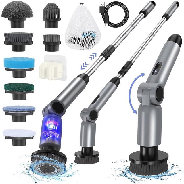 Electric Spin Scrubber, [IPX7 Waterproof ] [50KG Torque] Shower Scrubber with 9 Brush Heads, 2 Speed Mode, 4 Adjustable Angles, Electric Brush for Cleaning for Bathroom Floor Tile (Gray)