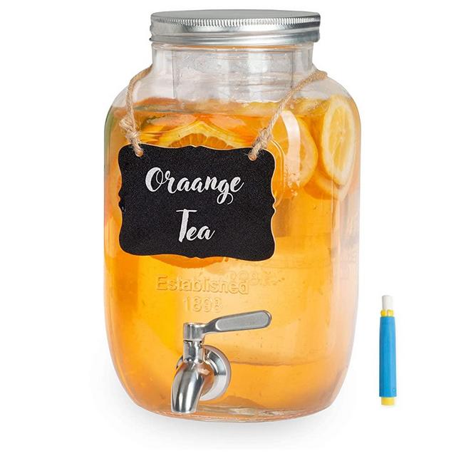 Outdoor Glass Beverage Dispenser with Stainless Steel Spigot, Ice Cylinder & Hanging Chalkboard - 1 Gallon Drink Dispenser for Lemonade, Tea, Cold Water & More