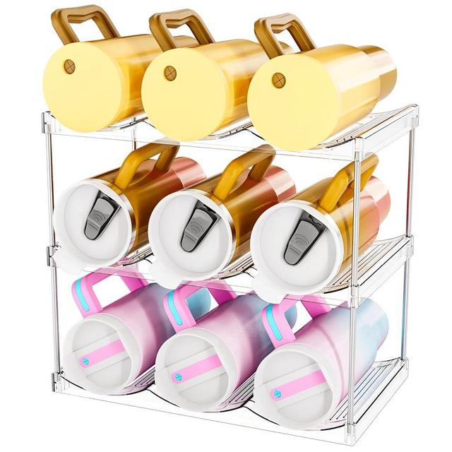 SuoXing Large Compartment Stackable Water Bottle Organizer for Stanley 40 Oz,3 Packs Hold 9 Bottles Stackable Bottle Storage Organizer,Clear Tumbler Travel Organizer for Kitchen Cabinets Wine Rack