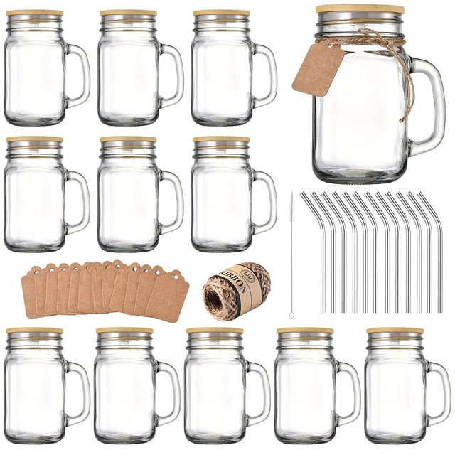 TANGLONG Mason Jar with Lid and Straw，Mason Jar Cups,Mason Jar Drinking Glasses,16 oz Mason Jars with Handle,Mason Jar Glasses Set of 12