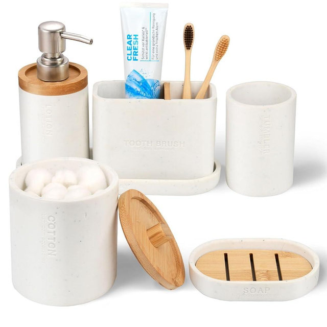 Bathroom Accessories Set, 6Pcs Bathroom Accessory Set, Large-Sized Toothbrush Holders Set, Soap Dispenser, Vanity Tray, Bathroom Tumbler, Apothecary Jars and a soap Dish (Marble White)