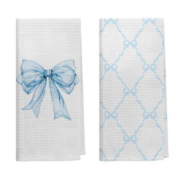 Sky Blue Coquette Bow Knot Kitchen Towels Set of 2, Preppy Hand Towels for Bathroom Decor, Blue Ribbon Dish Towels Tea Towels for Kitchen, 16x24 Inch