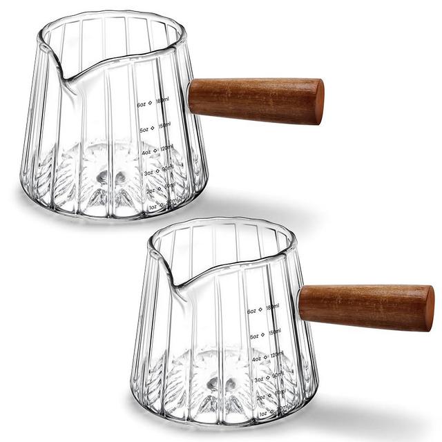 2 PCS Espresso Measuring Cup 6 Oz, Espresso Glass Cups with Wood Handle, Milk Frothing Cup, Espresso Cup for Coffee, Milk, Tea or Maple Syrup Serving