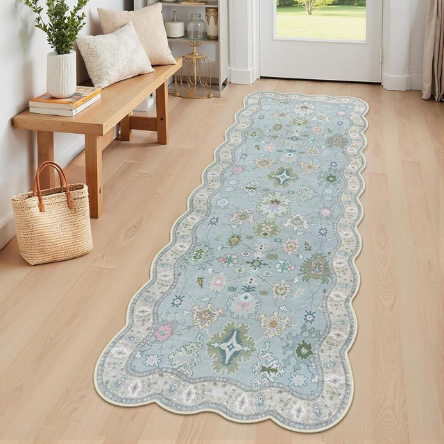 LORWER Modern Oushak 2x6 Runner Rug, Non Slip Washable Soft Kitchen Rug, Boho Floral Blue Runners for Hallways 6ft, Turkish Retro Floor Runner for Bathroom Entryway Bedroom