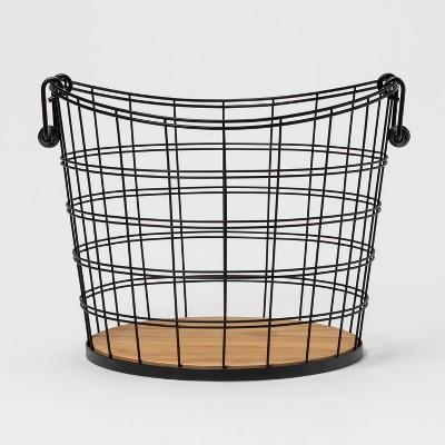 Metal Wire Round Basket with Solid Wood Base and Coiled Handle Black and Natural - Threshold™