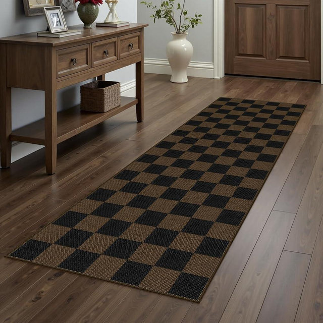 Rugalia Easy Jute Checkered Runner Rug, 2x6 Coffee Modern Washable Rugs Runner for Hallway Non-Slip Kitchen Runner Rug, Farmhouse Checkerboard Indoor Outdoor Carpet for Porch Laundry Entryway